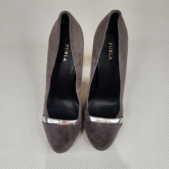 Furla Gray Suede Pumps Shoes Heels Silver Accent Size EU 39 US 8 - Picture 3 of 8